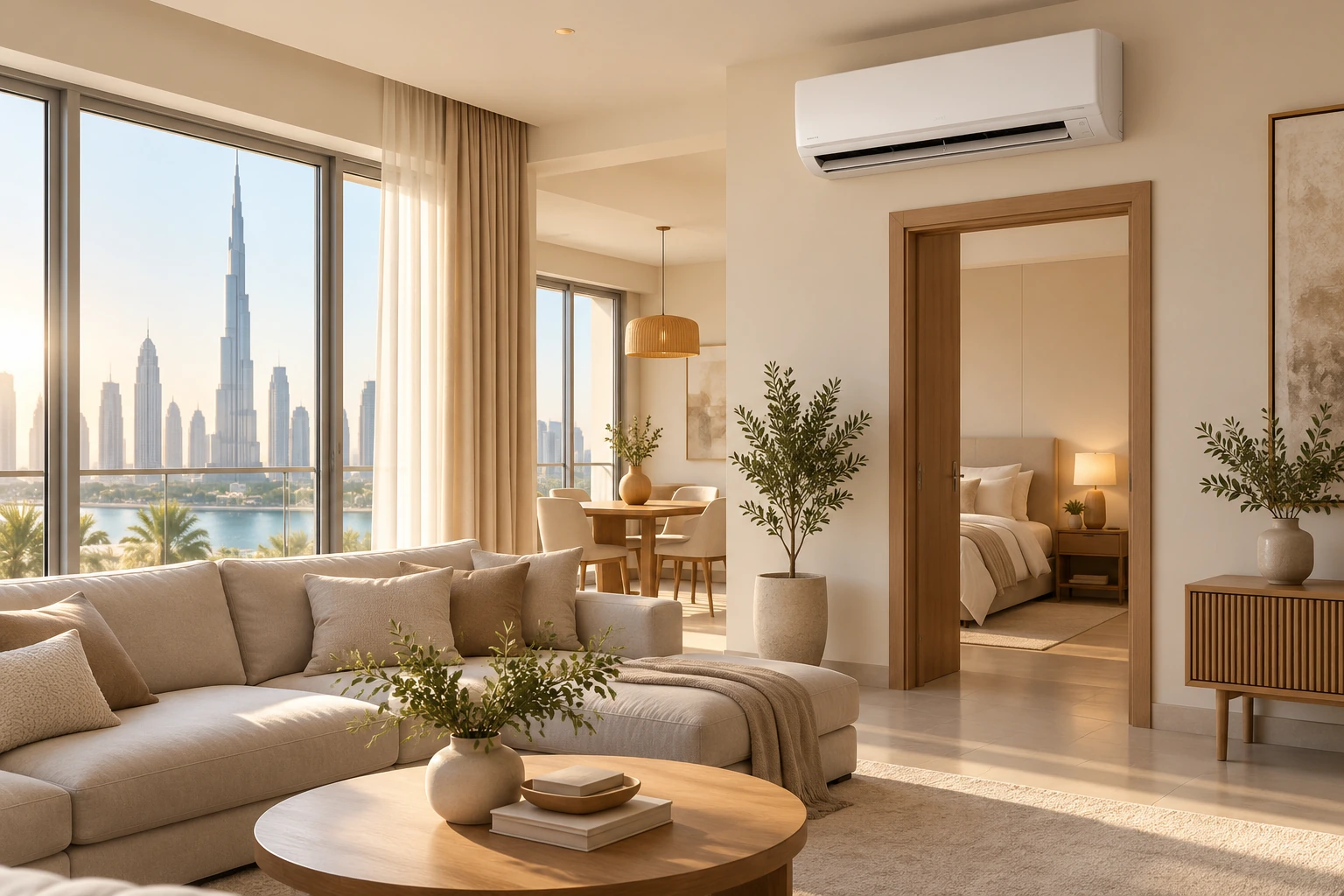 Modern split air conditioning unit in an elegant contemporary living room