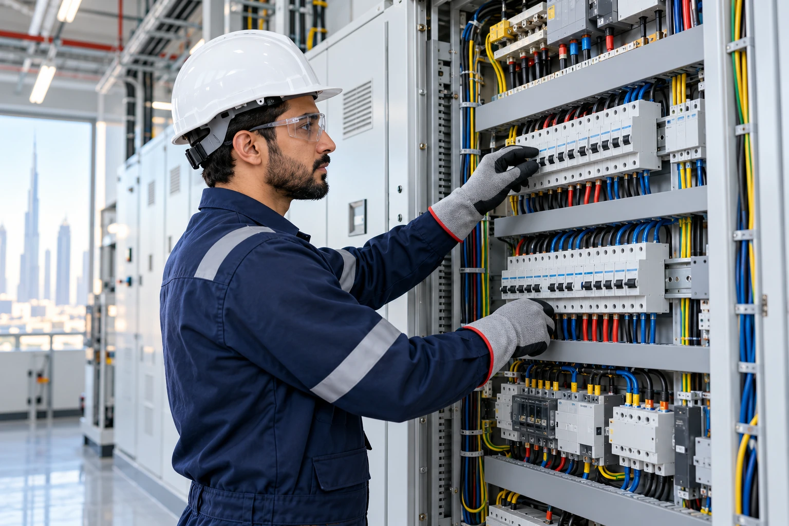 Electrician inspecting a clean and organized electrical distribution panel